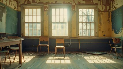 Poster - An empty classroom with two chairs and a piano in the corner, A solitary classroom devoid of any signs of life or activity