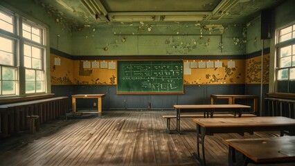 Poster - Unoccupied classroom with a chalkboard on the wall, A solitary classroom devoid of any signs of life or activity