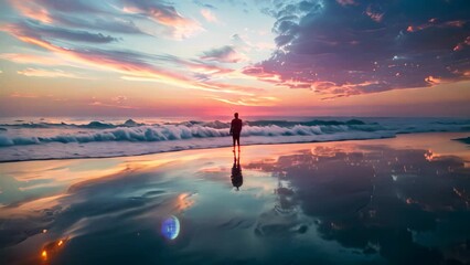 Wall Mural - A person stands on a sandy beach as the sun sets in the background, A solitary figure standing on a beach at sunset