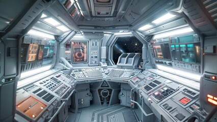 Poster - Artists depiction of a high-tech space station with advanced control panels and futuristic architecture, A space station interior with high-tech control panels and zero-gravity chambers