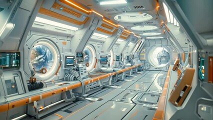 Poster - The interior of a high-tech sci-fi space station featuring advanced control panels and futuristic design elements, A space station interior with high-tech control panels and zero-gravity chambers