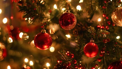 Sticker - Close-up view of a Christmas tree adorned with twinkling lights creating a festive ambiance, A sparkling Christmas tree adorned with twinkling lights and ornaments