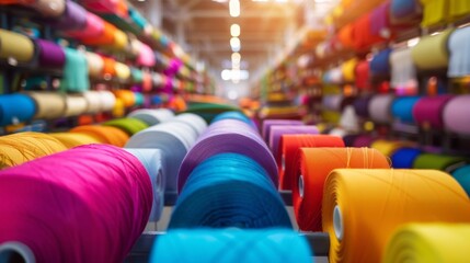 Wall Mural - A row of colorful spools of thread are hanging from a machine