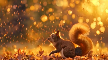 Wall Mural - A squirrel is standing amidst a field of fallen leaves, A squirrel gathering acorns under a golden sunset