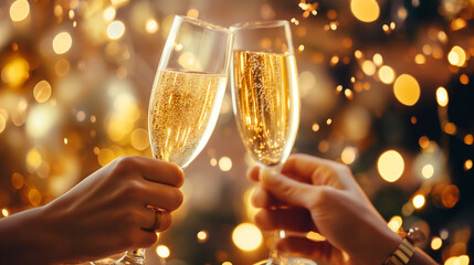 Wall Mural - Two glasses of champagne on a dark background with golden bokeh