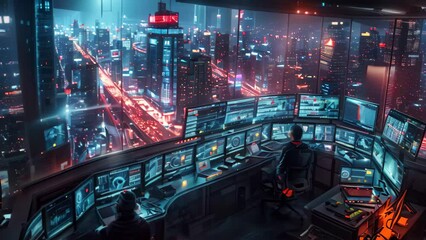 Poster - a man sits at a desk by a large window, a state-of-the-art control center, orchestrating traffic flo
