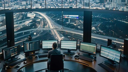 Poster - man working at desk by large window, a state-of-the-art control center, orchestrating traffic flow, 