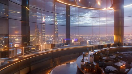 Poster - a view of a city at night seen from a modern control room, a state-of-the-art control center, orches