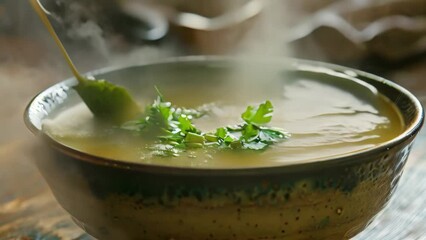 Wall Mural - A bowl of soup emitting steam, herbs floating atop, A steaming bowl of aromatic soup with herbs floating on the surface