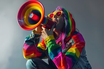 Sticker - Energetic Individual Shouting into Megaphone with Rainbow Colors in Dynamic Pride Event