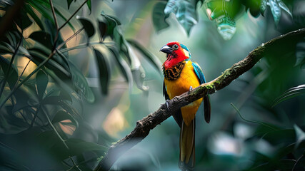 colored beautiful bird sitting on the tree in the jungle, colored wild bird, colored wild bird sitting on the branch of tree in jungle