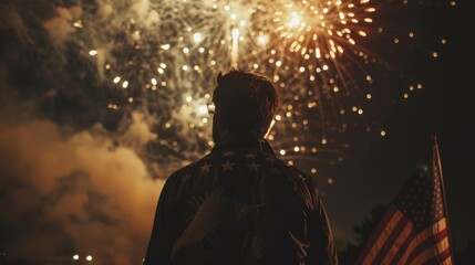 Wall Mural - Fireworks exploding in the night sky, with an American flag prominently displayed in the foreground