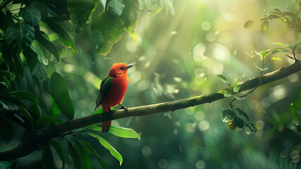 Wall Mural - colored beautiful bird sitting on the tree in the jungle, colored wild bird, colored wild bird sitting on the branch of tree in jungle