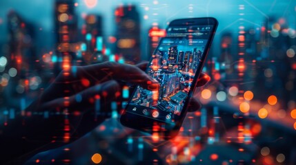 Double exposure of a hand holding a smartphone with a stock market app open, overlaid with images of global currencies and a cityscape, illustrating digital finance and investment