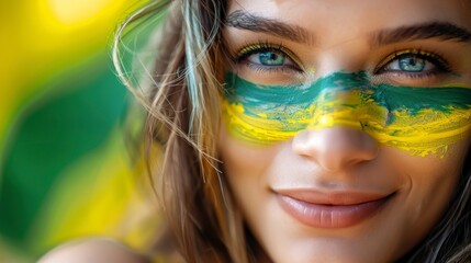 Wall Mural - beautiful woman with face painted with the flag of Brazil. olympic games concept