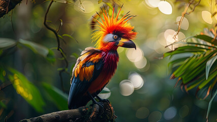 Wall Mural - colored beautiful bird sitting on the tree in the jungle, colored wild bird, colored wild bird sitting on the branch of tree in jungle