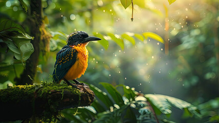 Wall Mural - colored beautiful bird sitting on the tree in the jungle, colored wild bird, colored wild bird sitting on the branch of tree in jungle