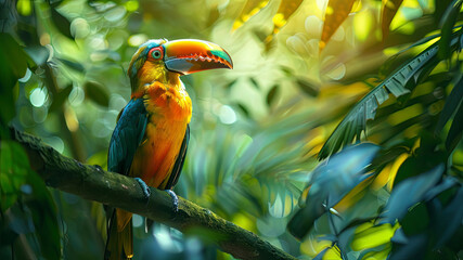 colored beautiful bird sitting on the tree in the jungle, colored wild bird, colored wild bird sitting on the branch of tree in jungle