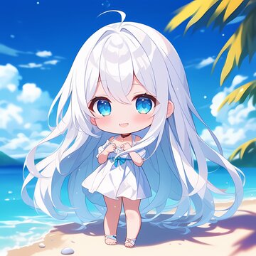 chibi caricature, cute girl on the beach
