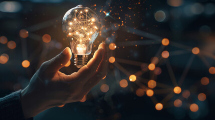 Poster - A hand holding a glowing light bulb with a digital network inside, symbolizing innovation, technology, and the power of ideas. Hand Holding Light Bulb with Digital Network

