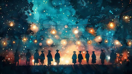 Wall Mural - A group of students in graduation caps and gowns stand in a darkened landscape