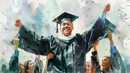 Canvas Print - A young man in a graduation cap and gown is lifted into the air by his cheering classmates. The watercolor painting is full of joy and hope.