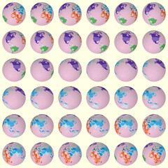 Poster - Collection of earth globes. Slanted sphere view. Rotation step 10 degrees. Colored countries style. World map with sparse graticule lines on pale background. Awesome vector illustration.