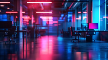 Poster - modern neon cyberpunk open space office interior blurred with information technology overlay. corpor