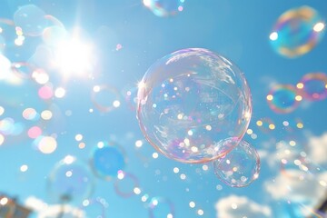 Soap bubbles fly against the blue sky on a sunny day