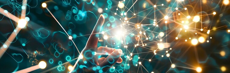  - A digital illustration of interconnected nodes symbolizing the network effect in marketing, with an office background and blurred hand touching one virtual connection point

