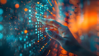  - Close up of a woman's hand touching digital data on a screen, with orange and blue lights and a blurred background in the style of high resolution photography
