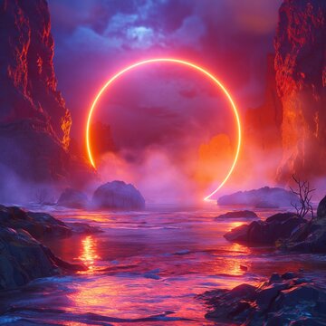 A glowing neon circle frame is showcased over an abstract landscape in the Generative AI image by Weber.
