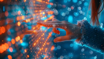 Poster - Close up of a woman's hand touching digital data on a screen, with orange and blue lights and a blurred background in the style of high resolution photography
