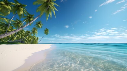 Wall Mural - Panoramic view of a tropical beach with palm trees and blue sky