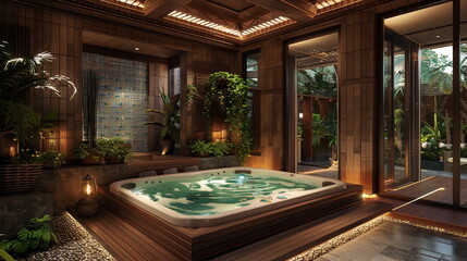 A luxurious spa interior design featuring a spacious jacuzzi at the center, surrounded by vibrant colors and wooden accents. The jacuzzi is encased in a sleek wooden frame with rich, dark wood tones,