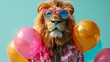 © PasAI Photography - A beautiful conceptual image of a lion wearing sunglasses and surrounded by summer vacation-themed balloons