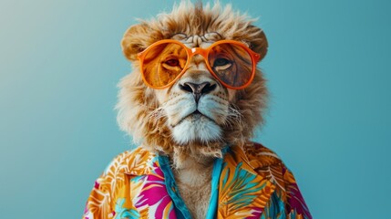 A lion wearing a vibrant Hawaiian shirt and orange sunglasses exudes summer fun, a perfect blend of the wild and the beautiful on vacation