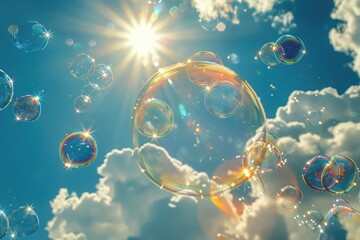 Wall Mural - Soap bubbles fly against the blue sky on a sunny day