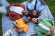 © DimaBerlin - Happy group of african american young friends lying on plaid in park head to head together enjoy good relationship have fun together. Top view four black students rest on grass smiling looks at camera