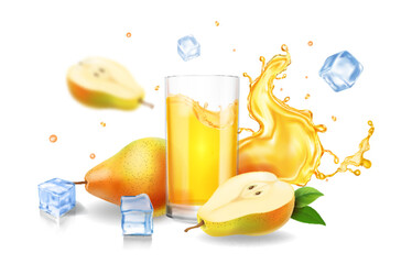 Sticker - Pear juice advertising with drink glass and yellow juice splash and ice. Pear cold beverage advertising realistic vector illustration