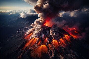 Wall Mural - volcano eruption from a bird view. volcano crater and magma flow shot from above. genertated ai.
