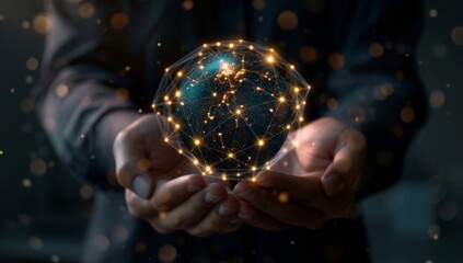 Wall Mural - A person holding a digital earth globe with glowing connections, symbolizing global connectivity and technology in business.