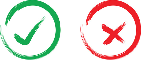 Green tick symbol and red cross sign in circle. Icons for evaluation quiz. Vector.eps10