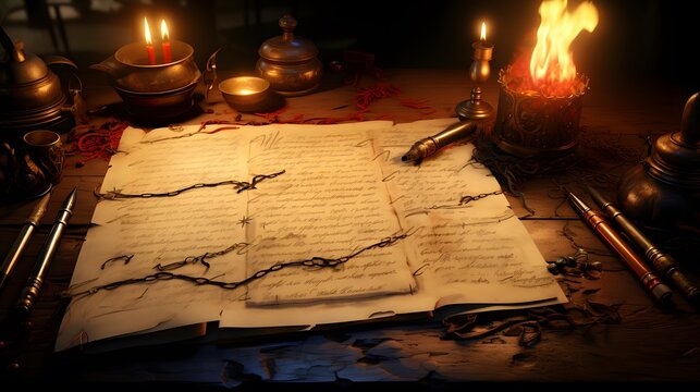 Old magic book on the table in a dark room with candles.