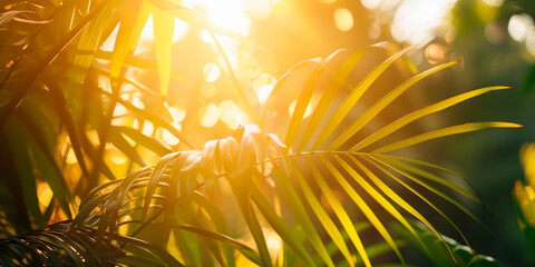 Wall Mural - Blurred banner background with sunny day and palm leave