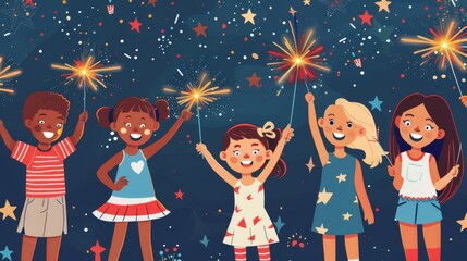 Wall Mural - Vector illustration of children holding sparklers on a background with stars and confetti, Fourth of July, independence day, freedom, liberty, USA, children fireworks