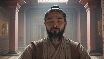 Man Meditating in old temple