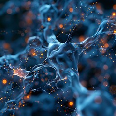 Wall Mural - Abstract 3D render of a neural network with glowing synapses and blue connections, representing AI and data flow. 3D Illustration.