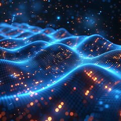 Abstract digital data wave glowing with blue and orange lights. Futuristic technology background with dynamic flowing dots and lines. 3D Illustration.