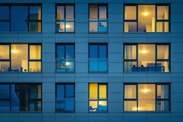 A building with many windows at night. The windows are lit up at night. The building appears to be a high rise apartment building